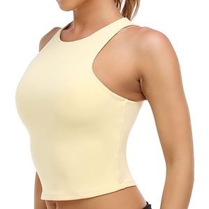 image:imageColorfulkoala Womens High Neck Tank Tops Body Contour Sleeveless Crop Double Lined Yoga ShirtsCream Yellow