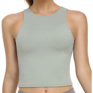 image:imageColorfulkoala Womens High Neck Tank Tops Body Contour Sleeveless Crop Double Lined Yoga ShirtsSage Green