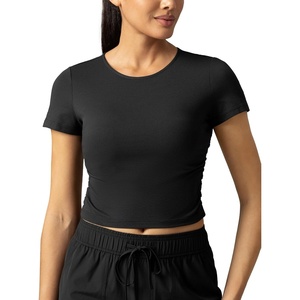 image:imageColorfulkoala Workout Crop Tops for Women Short Sleeve Slim Fitted Basic Tees Crew Neck Ruched Casual Yoga T ShirtsBlack