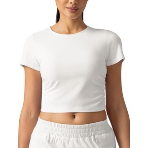 image:imageColorfulkoala Workout Crop Tops for Women Short Sleeve Slim Fitted Basic Tees Crew Neck Ruched Casual Yoga T ShirtsWhite